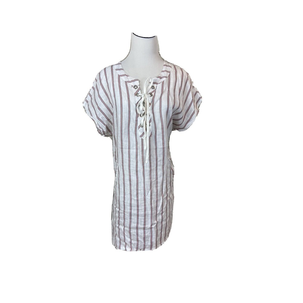 Viola Borghi Linen Vertical Striped Long Sleeve Shirt Dress Tunic Lace Up